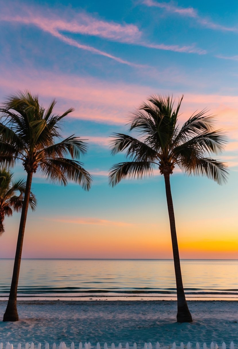 A serene beach at sunset with palm trees, a calm ocean, and a colorful sky, perfect for a romantic honeymoon on Amelia Island, Florida