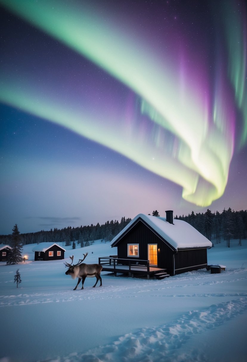A snow-covered landscape with a cozy cabin, reindeer, and the Northern Lights dancing in the sky above Rovaniemi, Finland