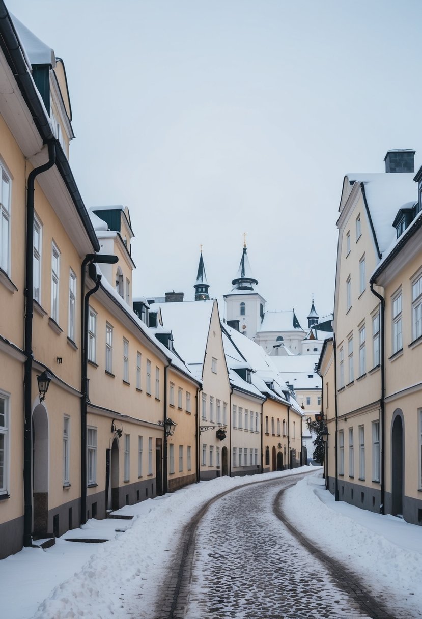Snow-covered cobblestone streets winding through medieval buildings in Tallinn, Estonia. A soft blanket of snow covers the rooftops and creates a serene winter wonderland