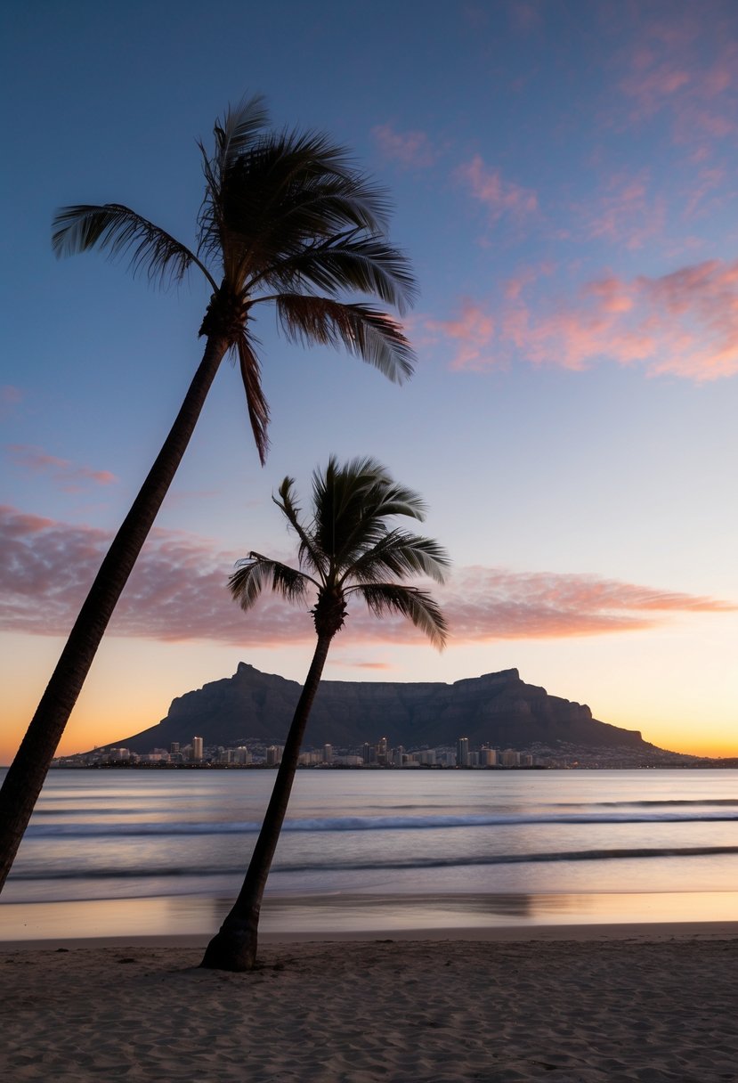 A serene beach at sunset in Cape Town, with Table Mountain in the background and a couple of palm trees swaying in the warm February breeze
