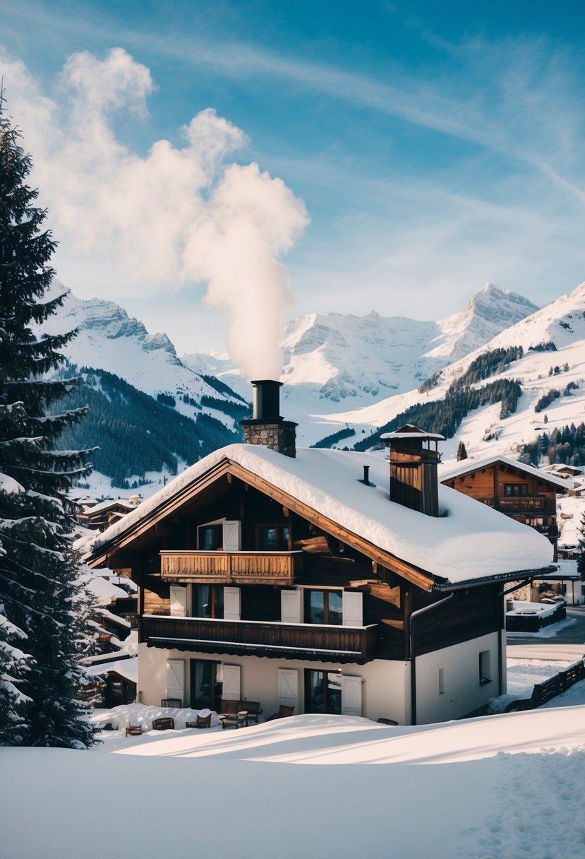 A cozy chalet nestled in the snow-covered mountains of Chamonix, with smoke rising from the chimney and a view of the stunning winter landscape