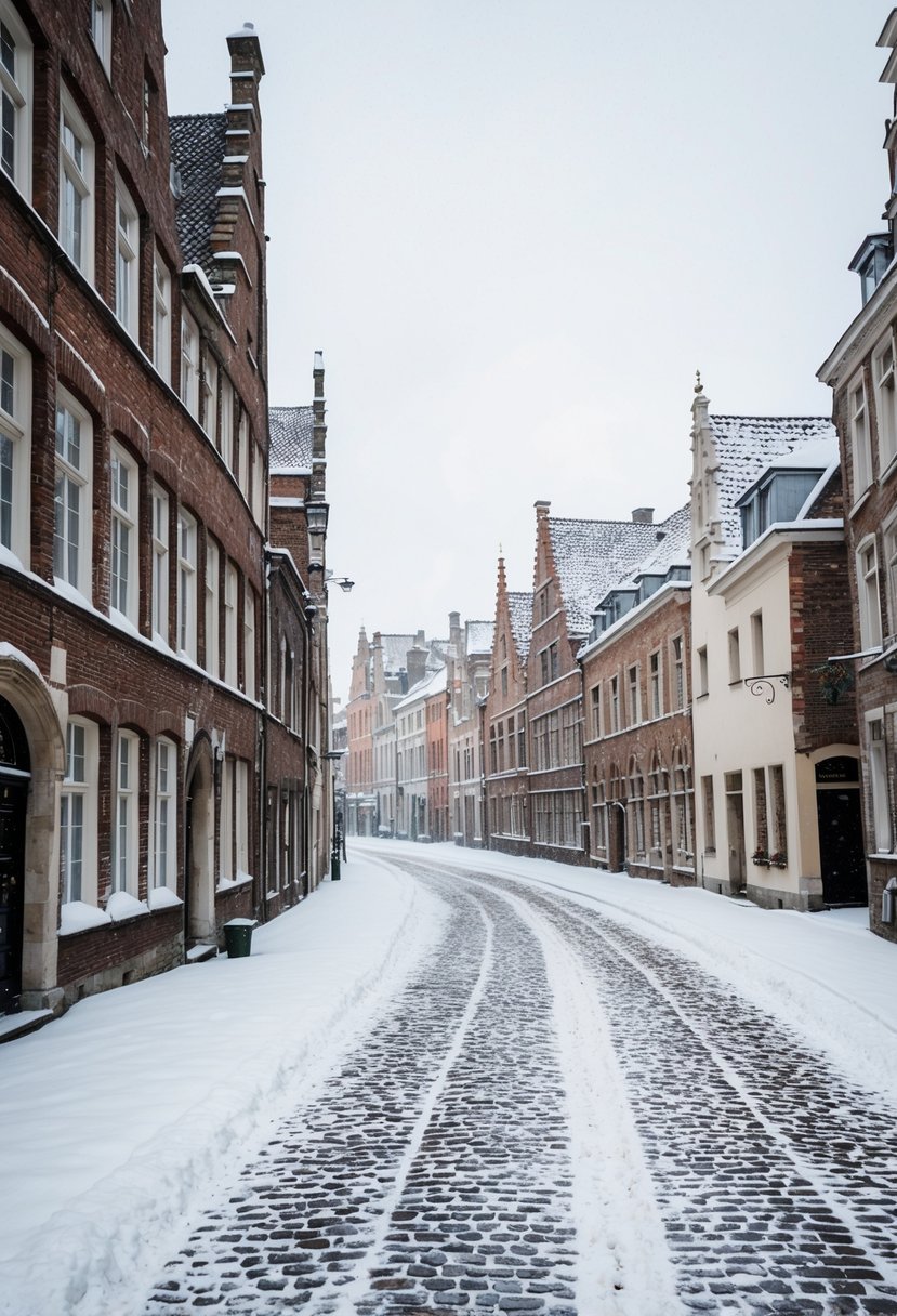 Snow-covered cobblestone streets wind past medieval buildings in Bruges. A gentle snowfall creates a romantic atmosphere in this picturesque European winter destination