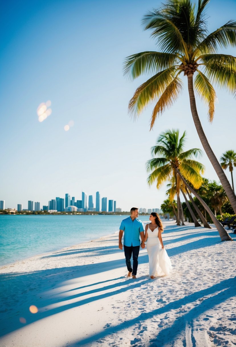 A couple strolling along a white sand beach with palm trees and clear blue water, with a view of the Orlando skyline in the distance
