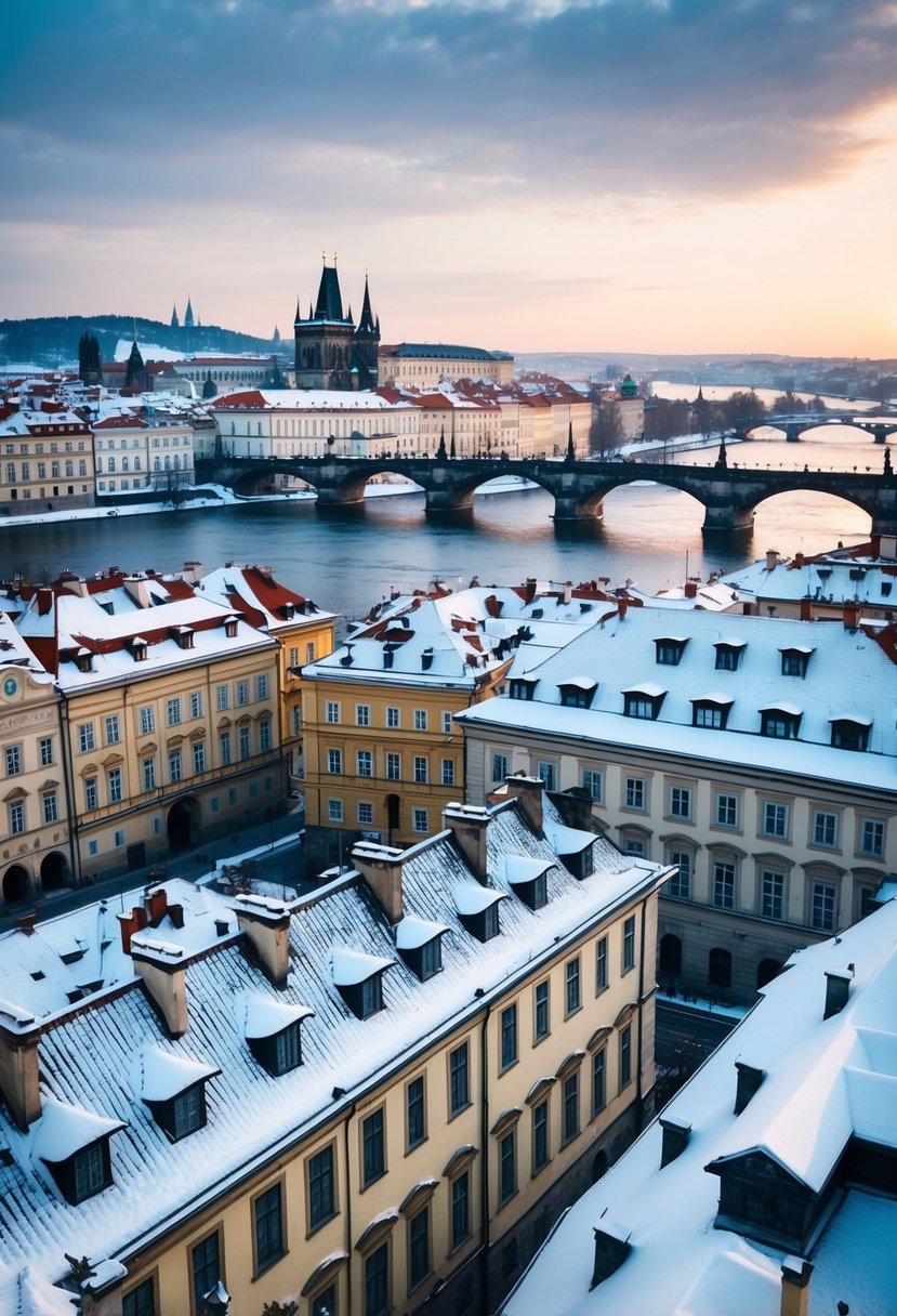 Snow-covered rooftops of Prague's historic buildings, with the iconic Charles Bridge and Vltava River in the background