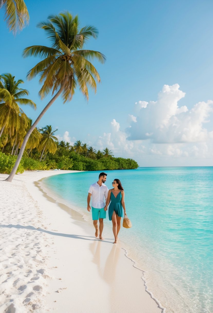 A couple strolling on a pristine white sandy beach, with crystal clear turquoise water and lush green palm trees lining the shore
