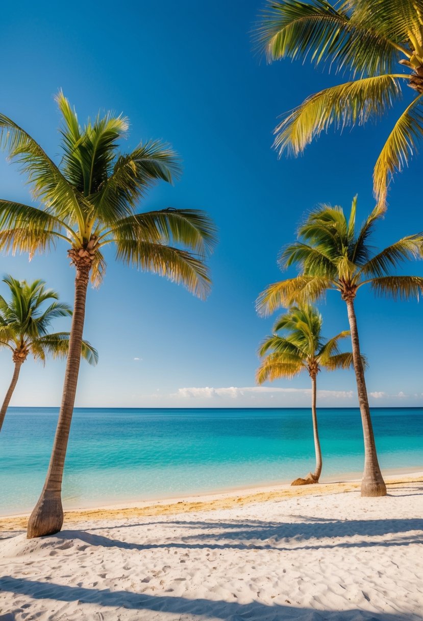 A serene beach at Palm Beach, Florida with crystal clear waters, golden sand, and palm trees lining the shore under a clear blue sky