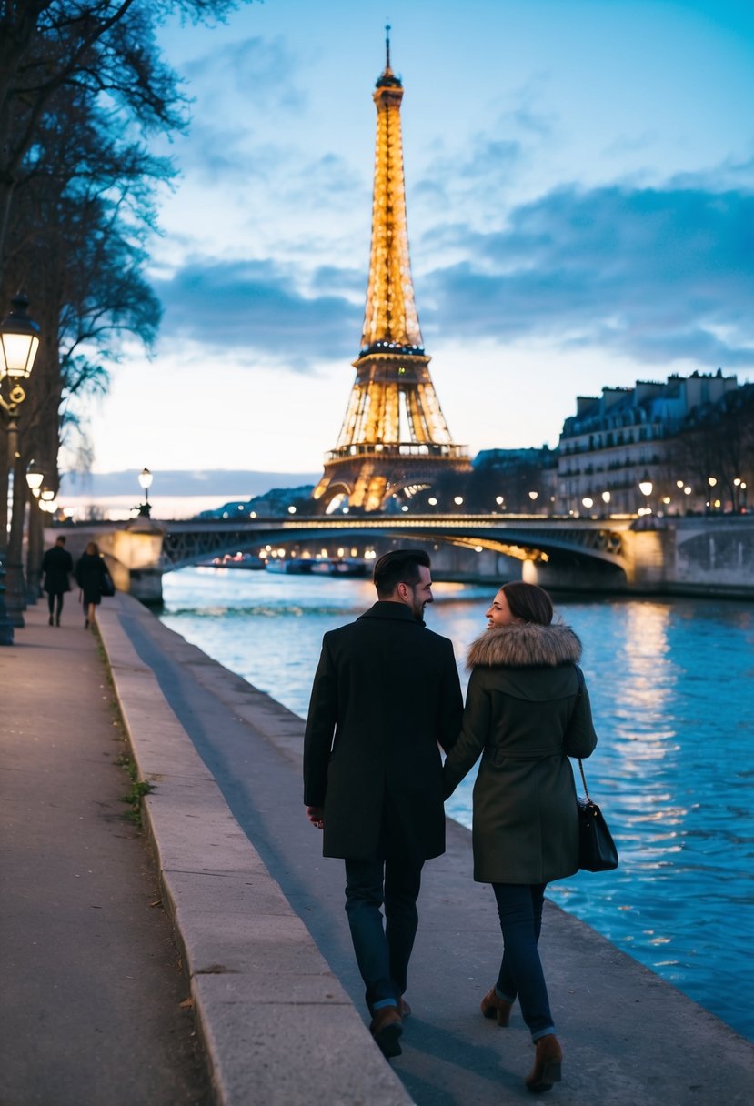 A couple strolling along the Seine River, passing by the illuminated Eiffel Tower and enjoying the romantic atmosphere of Paris in February