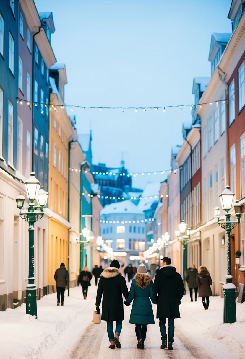 A snow-covered street in Copenhagen, with colorful buildings and twinkling lights, as couples walk hand in hand
