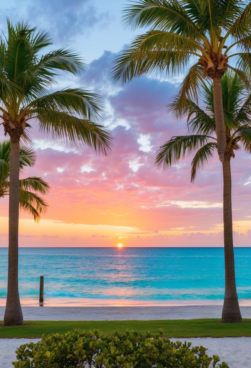 A serene beach at Marco Island, Florida, with palm trees, crystal clear waters, and a colorful sunset casting a warm glow over the horizon