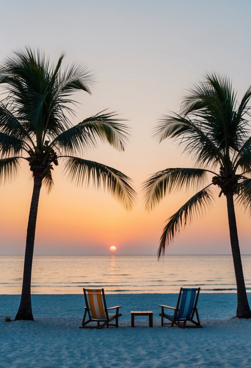 A serene beach at sunset with palm trees, a couple of beach chairs, and a calm ocean in Sarasota, Florida