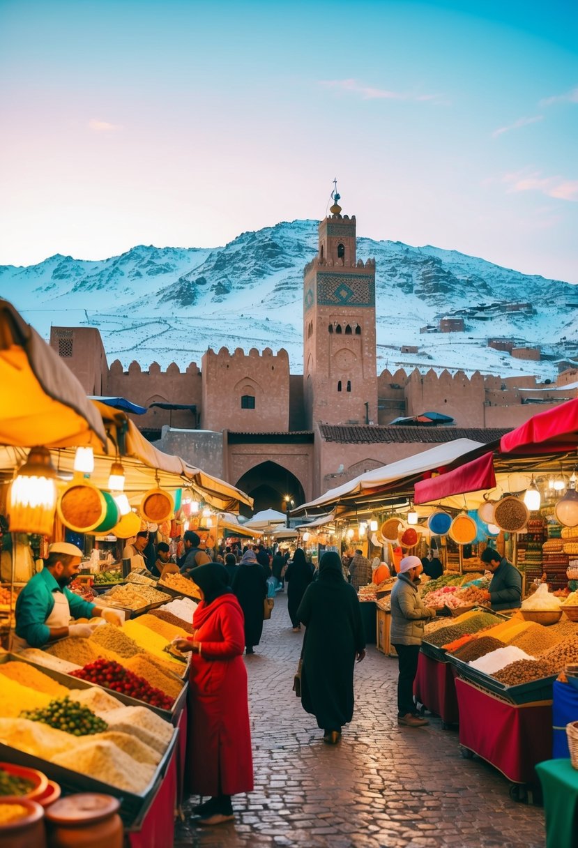 A bustling Marrakech market, filled with vibrant colors and exotic spices, set against the backdrop of the snow-capped Atlas Mountains