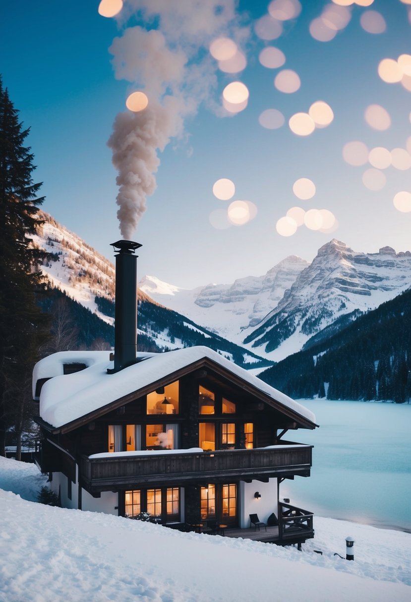 A cozy chalet nestled in snowy mountains, with smoke rising from the chimney and a frozen lake in the background