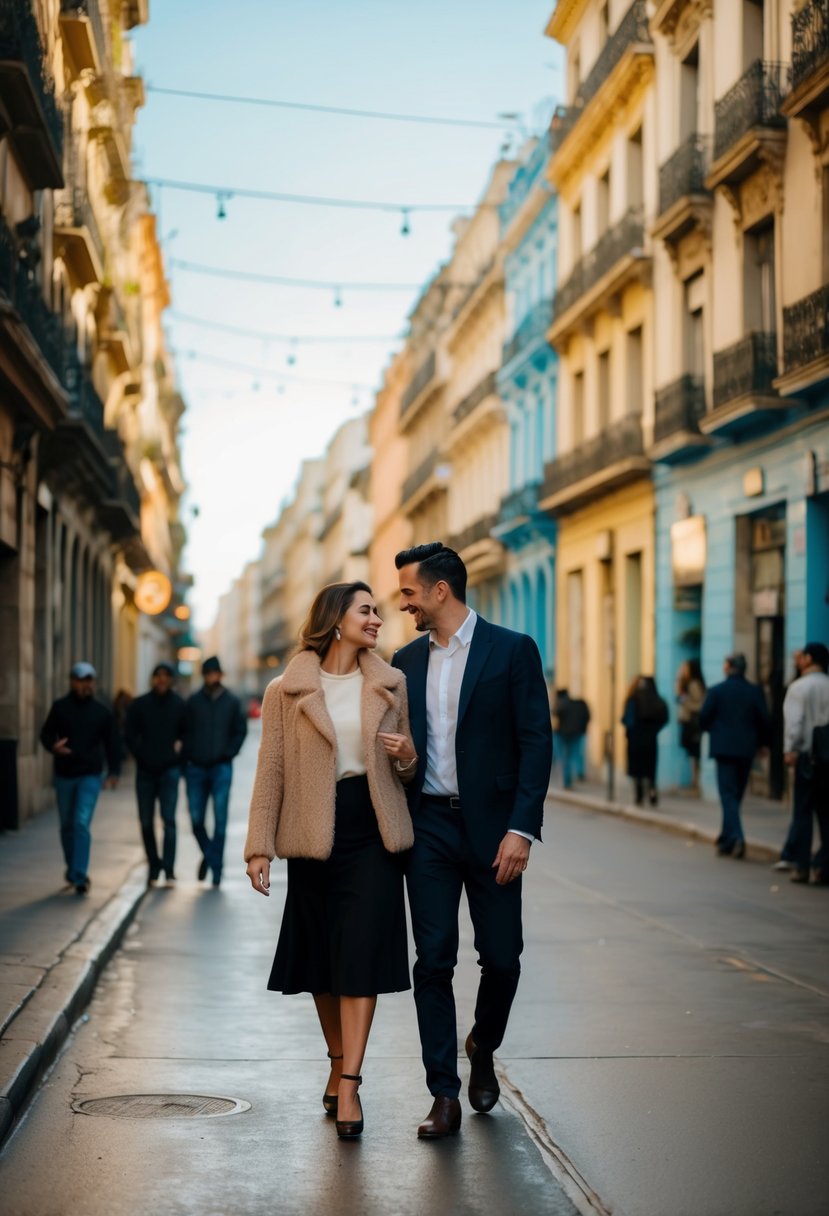A couple strolling through the colorful streets of Buenos Aires, with tango music filling the air and the warm February sun casting a golden glow