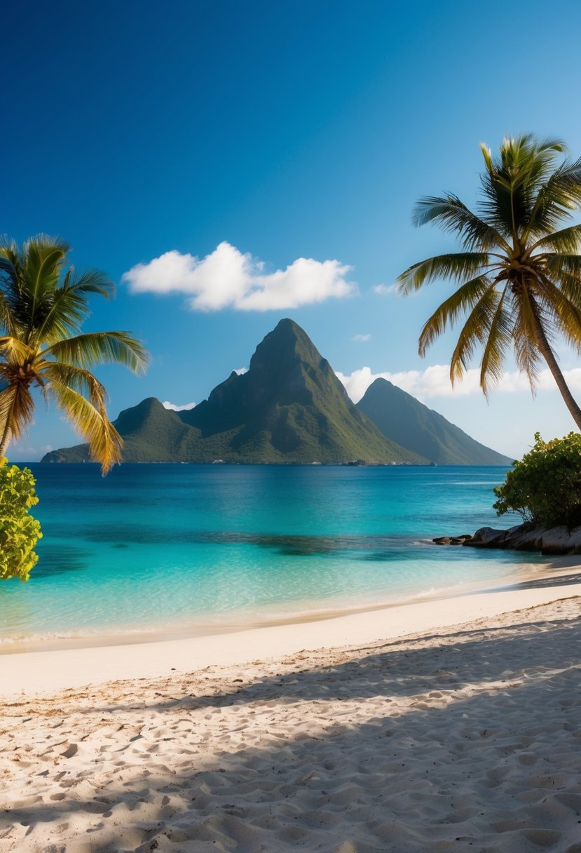 A secluded beach with crystal-clear waters and palm trees, overlooking the majestic Piton mountains under a clear blue sky