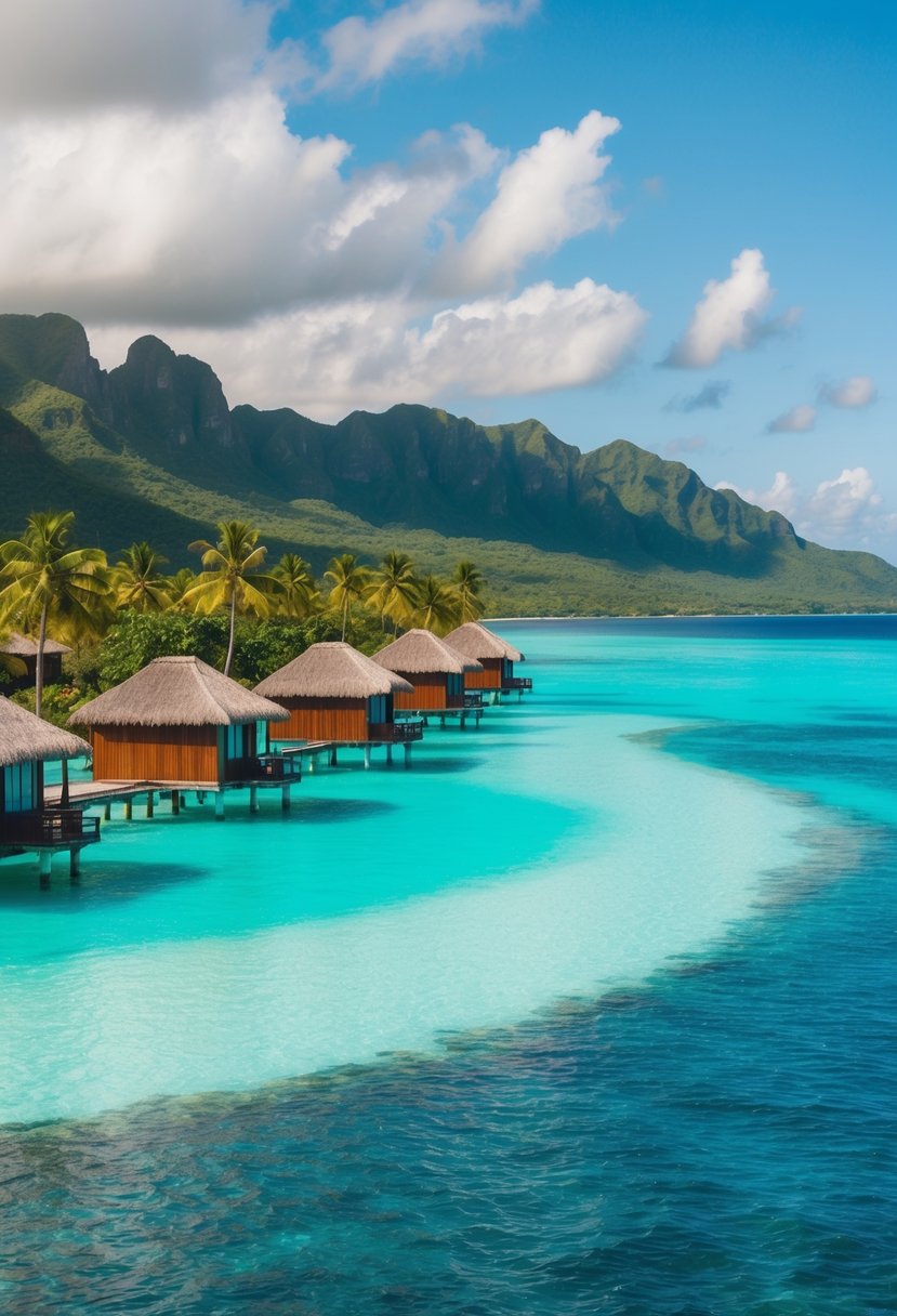 Turquoise lagoon with overwater bungalows, palm trees, and lush green mountains in the background