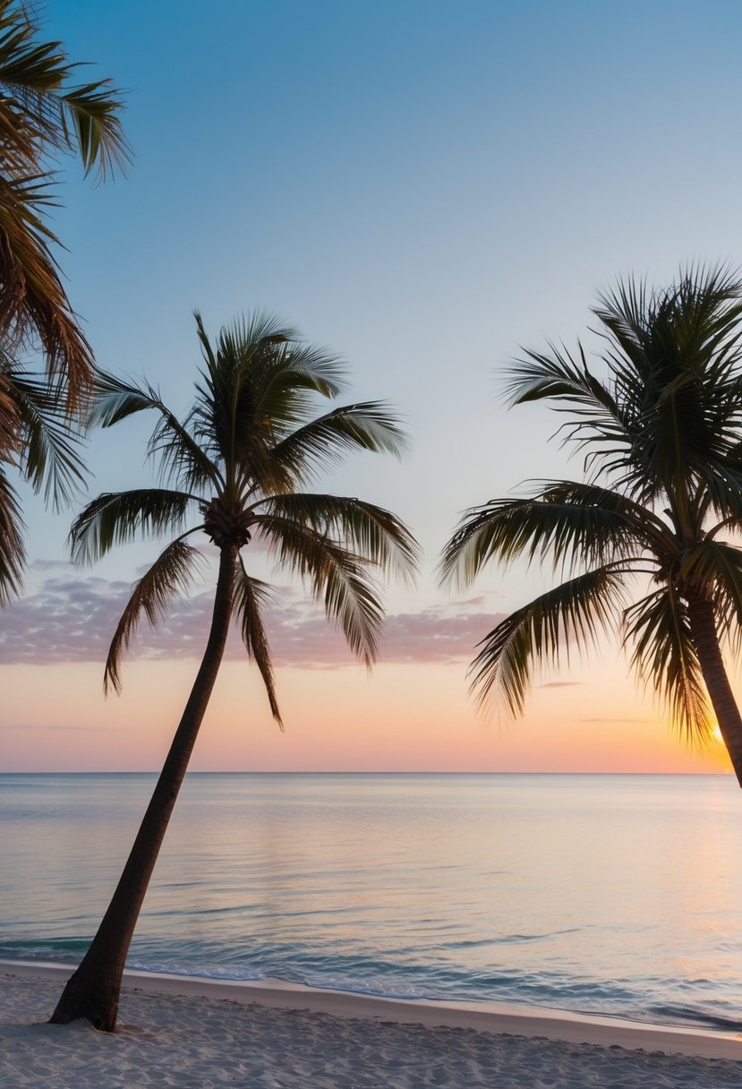 A serene beach at sunset, with palm trees and a calm ocean, perfect for a Vero Beach honeymoon destination in Florida