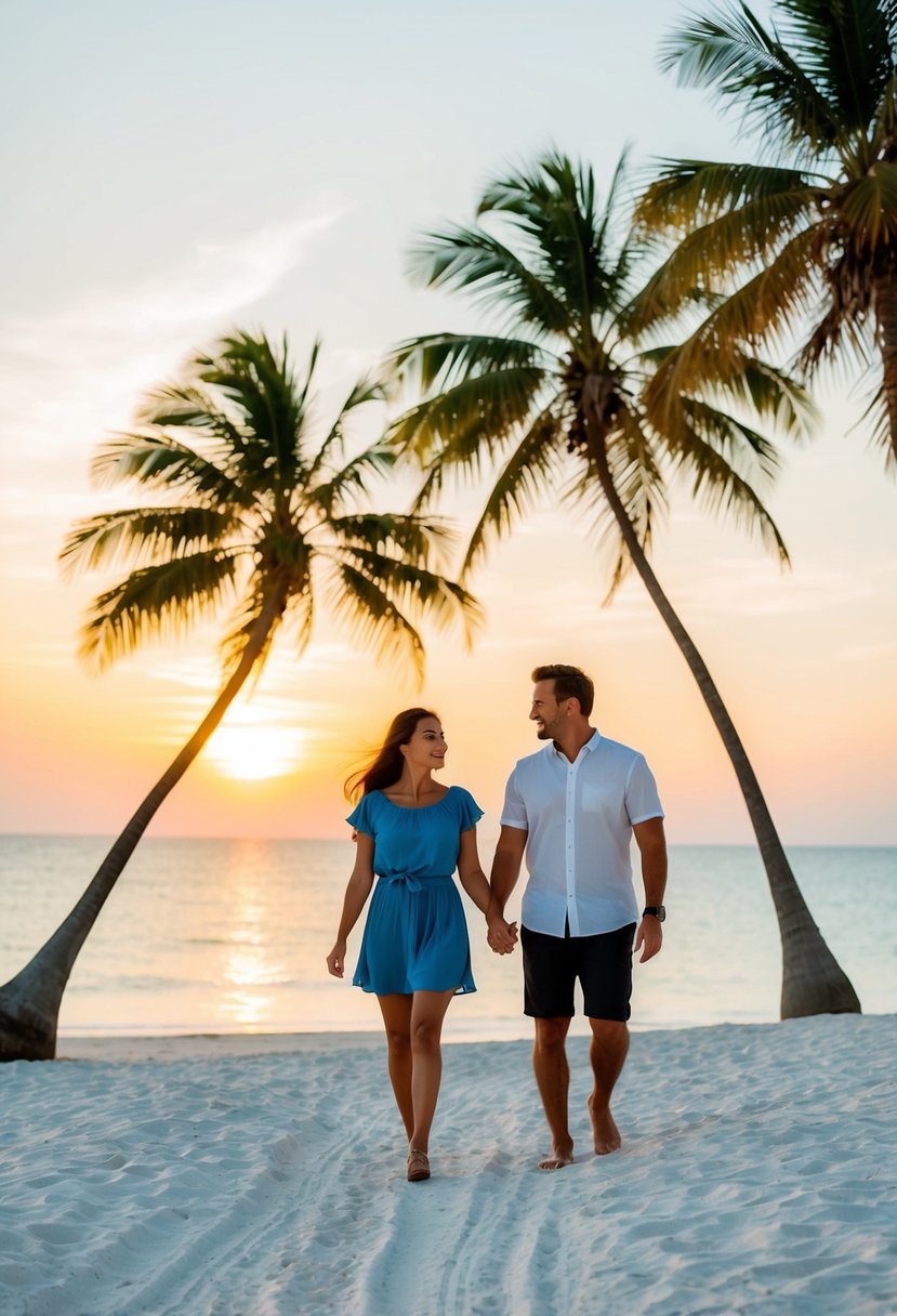 A couple strolling along a white sandy beach at sunset, with palm trees and clear blue water in the background