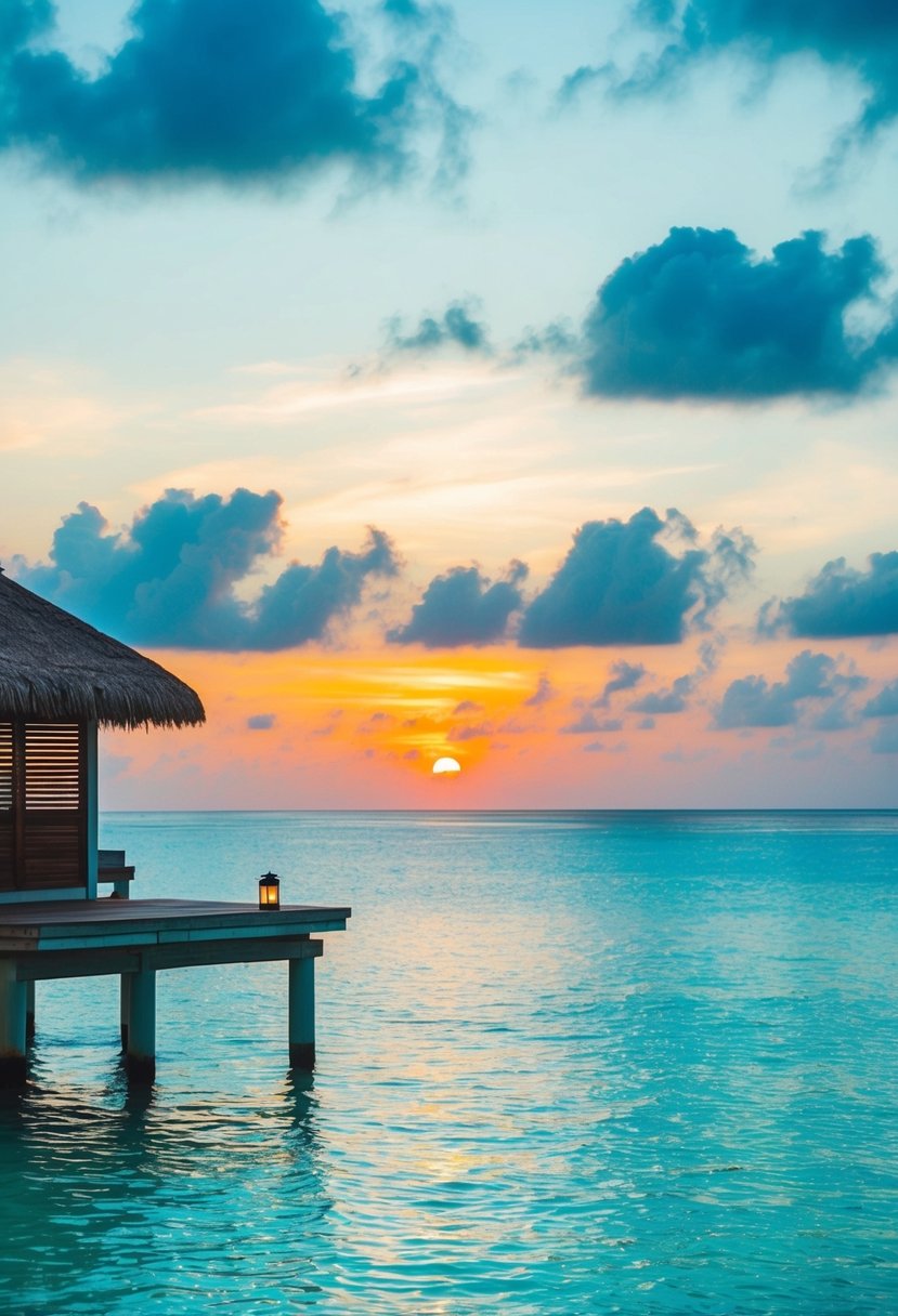 A serene Maldives overwater bungalow with clear turquoise water and a vibrant sunset
