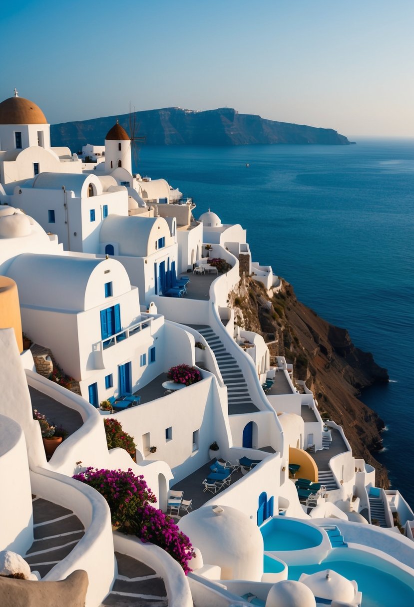 White-washed villas perched on cliffs overlooking the azure waters of Santorini, Greece, with colorful flowers and traditional domes