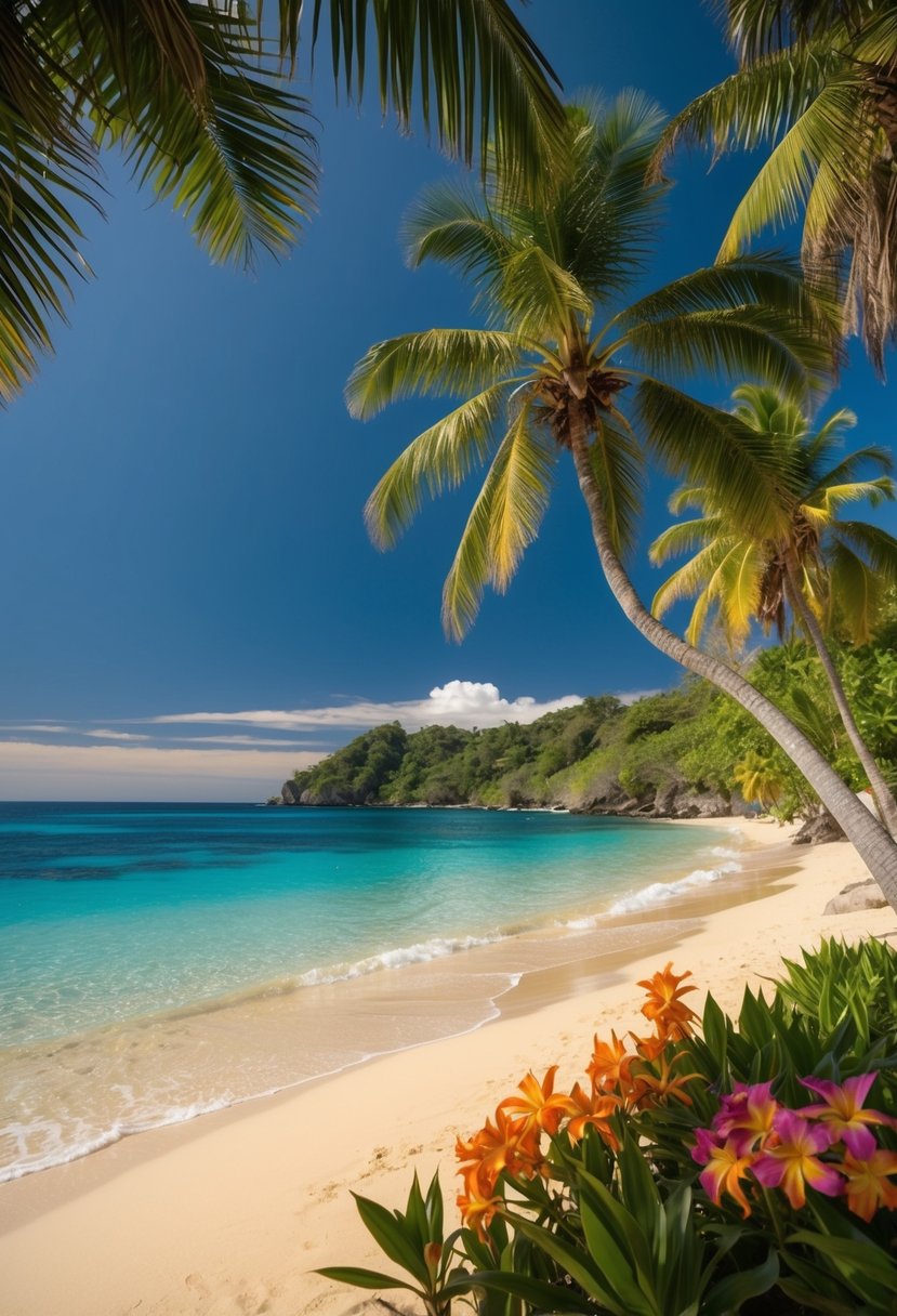 Crystal clear waters lap against golden sand, framed by lush palm trees and vibrant tropical flowers. A serene beach paradise in Bali, Indonesia