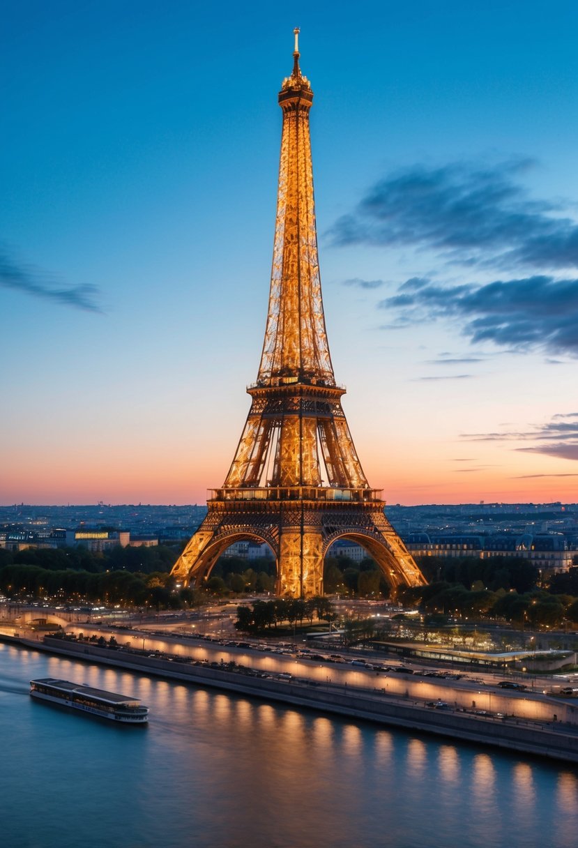 The Eiffel Tower at sunset, overlooking the Seine River and the city lights of Paris, France