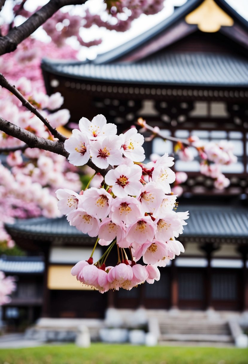 Cherry blossoms blooming in Kyoto, Japan, with traditional architecture in the background