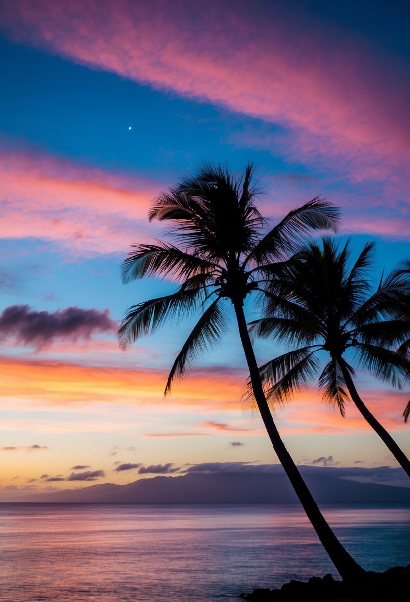 A vibrant sunset over the tranquil waters of Maui, with palm trees silhouetted against the colorful sky