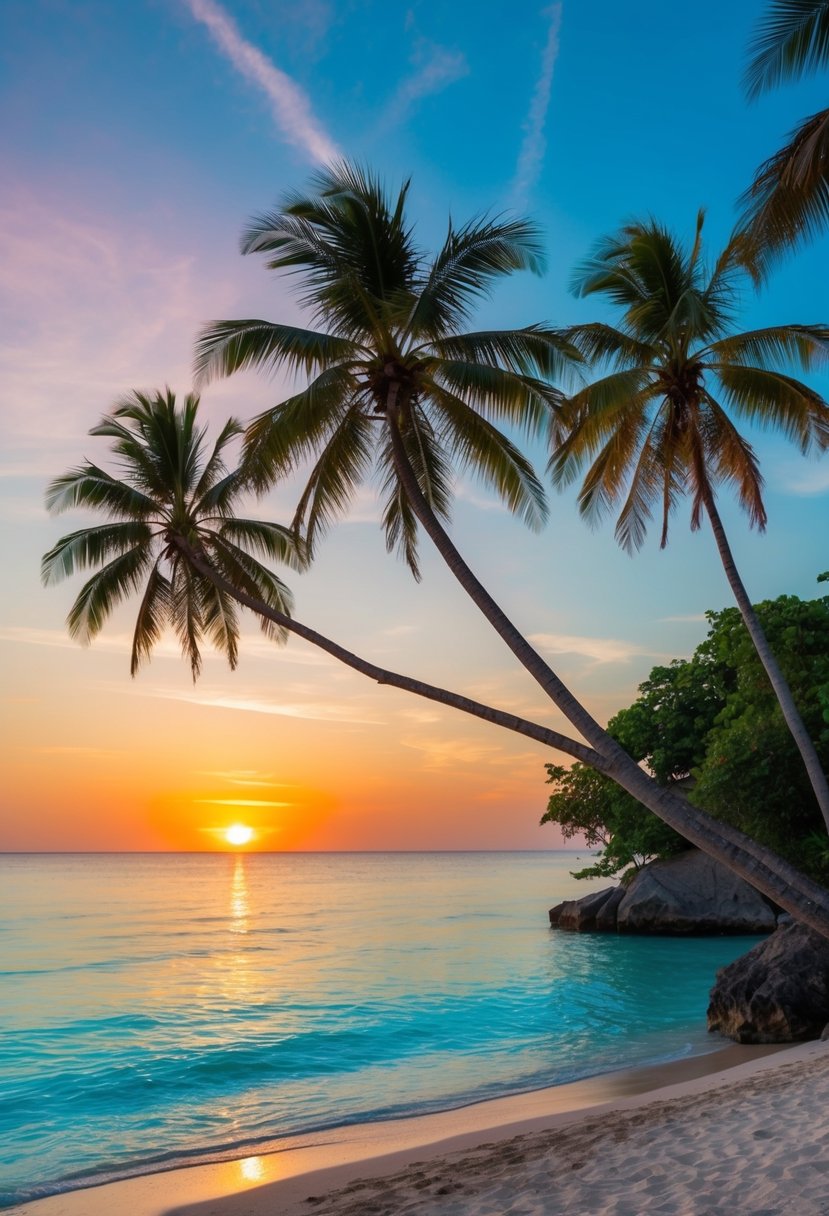 A serene beach with palm trees, clear blue waters, and a colorful sunset in Phuket, Thailand