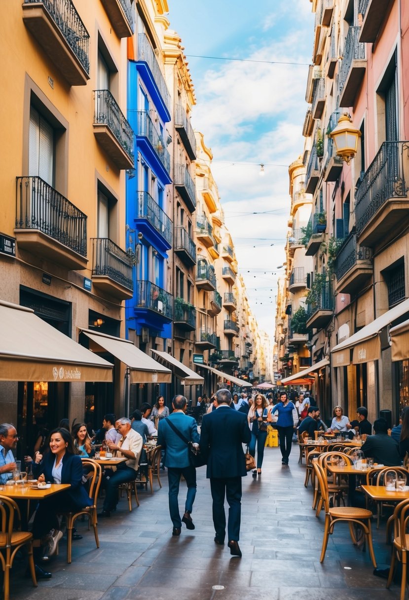A bustling street in Barcelona, filled with colorful buildings, lively cafes, and the sound of music and laughter. The air is filled with the aroma of delicious food and the energy of a vibrant culture