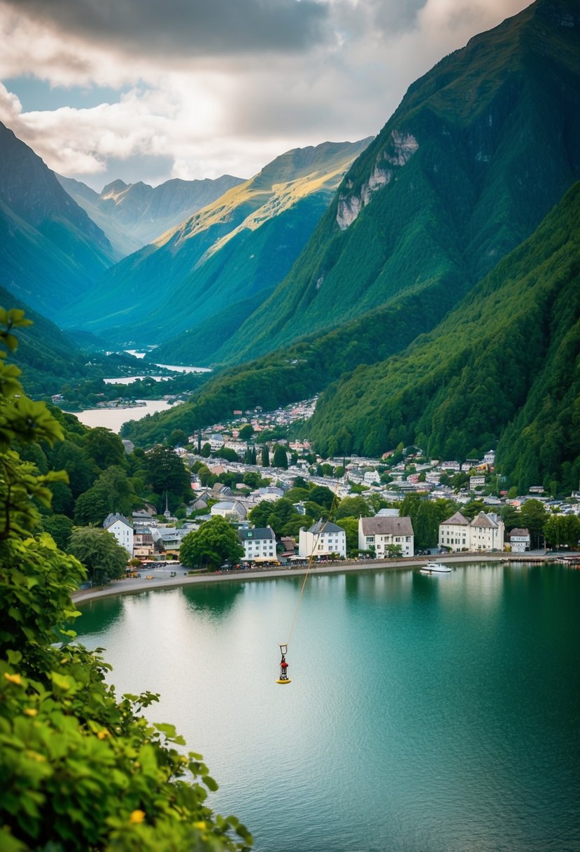 Lush green mountains surround a pristine lake, with a quaint town nestled at the water's edge. A bungee jump platform stands tall against the dramatic backdrop