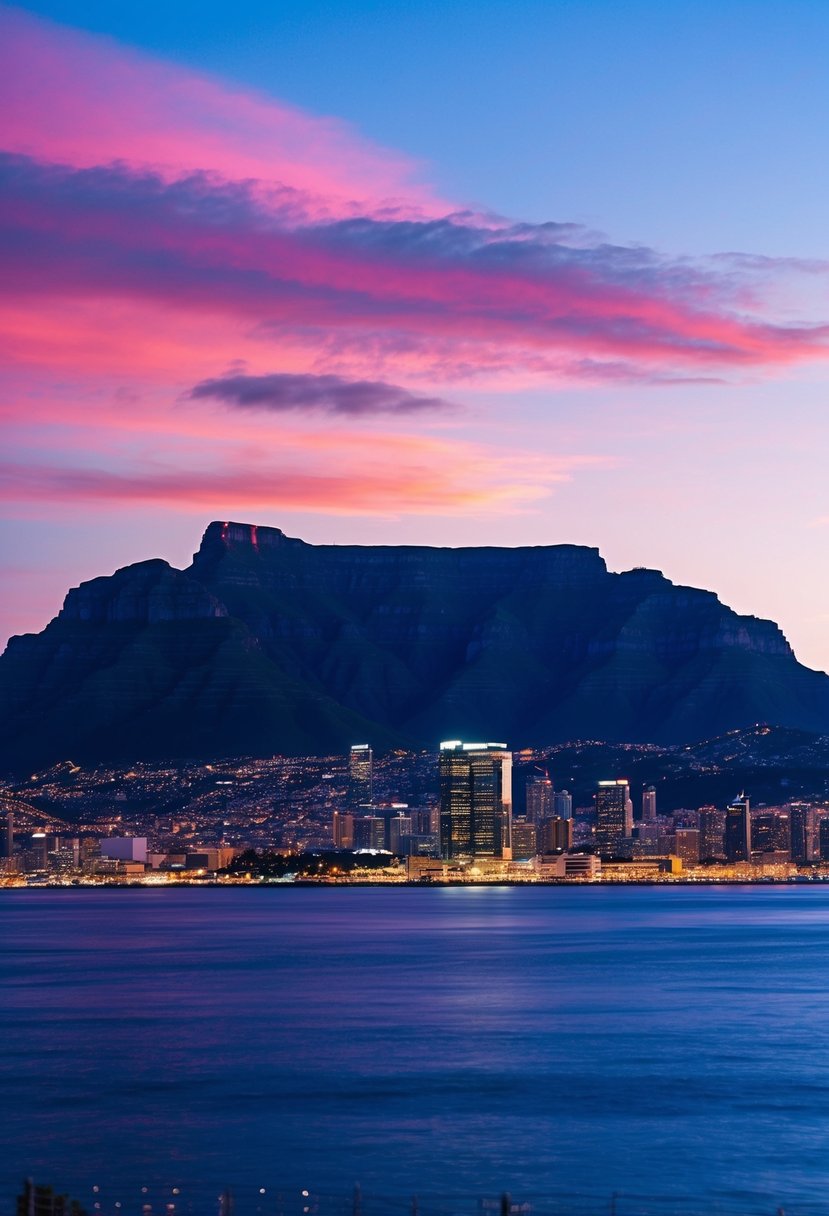 A vibrant sunset over the iconic Table Mountain, with the city skyline and ocean in the background