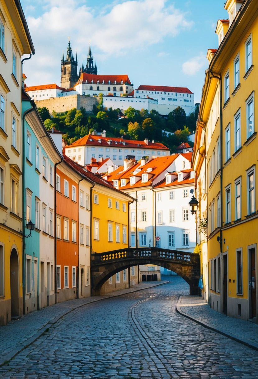 A cobblestone street lined with colorful buildings, a medieval castle on a hill, and a charming bridge over the Vltava River in Prague, Czech Republic