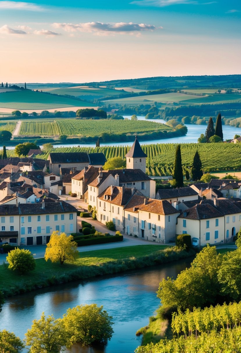 A charming French village nestled in the rolling countryside, with a backdrop of vineyards and a picturesque chateau overlooking a serene river