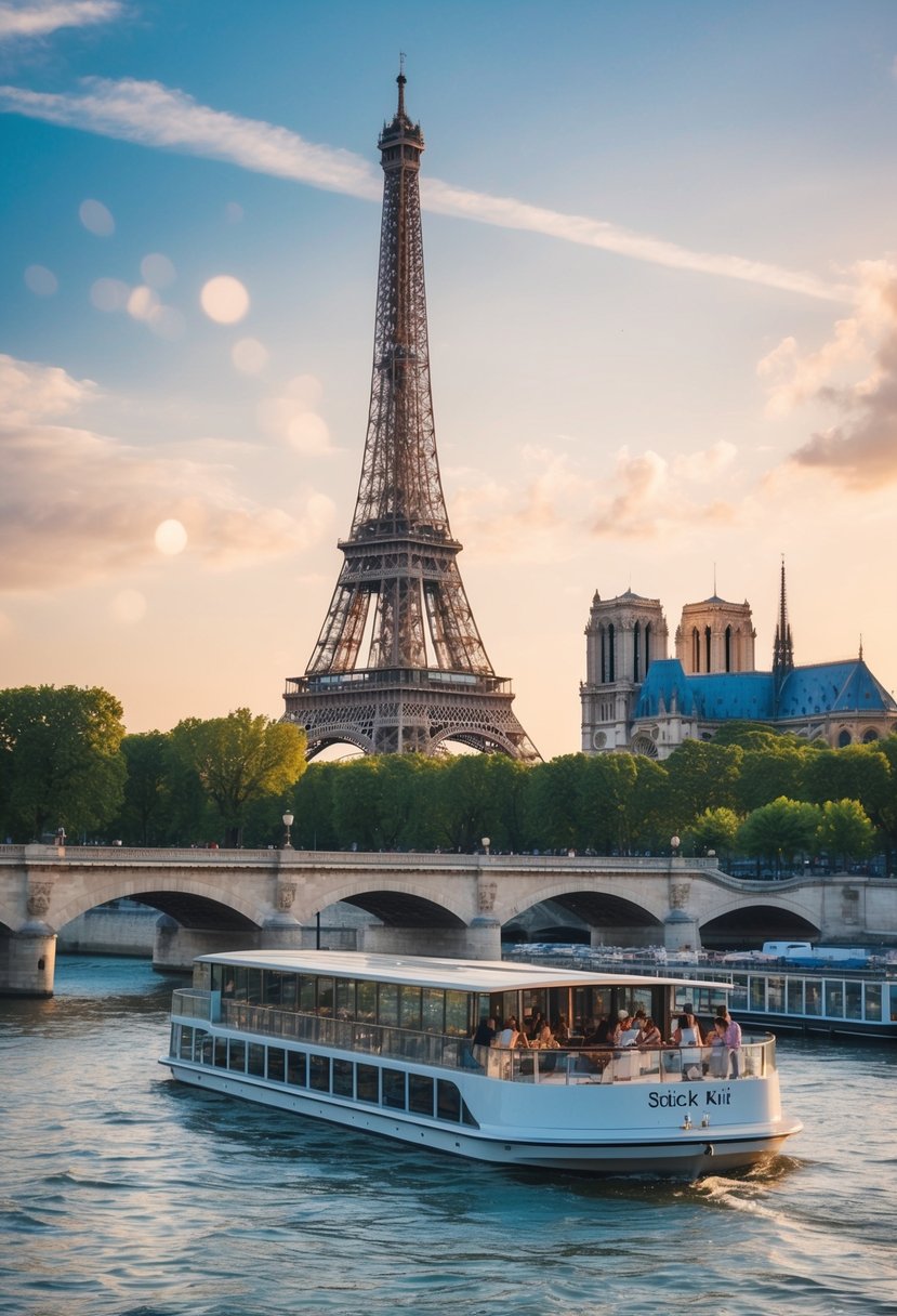 A romantic Seine River cruise in Paris, with the Eiffel Tower and Notre Dame Cathedral in the background, sets the perfect scene for a honeymoon illustration