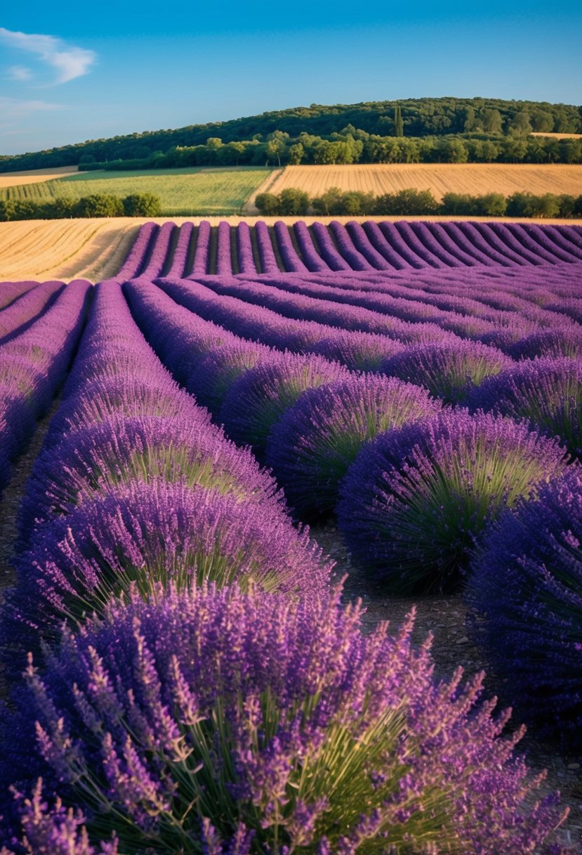 Rolling hills of vibrant purple lavender fields under a clear blue sky in Provence, France
