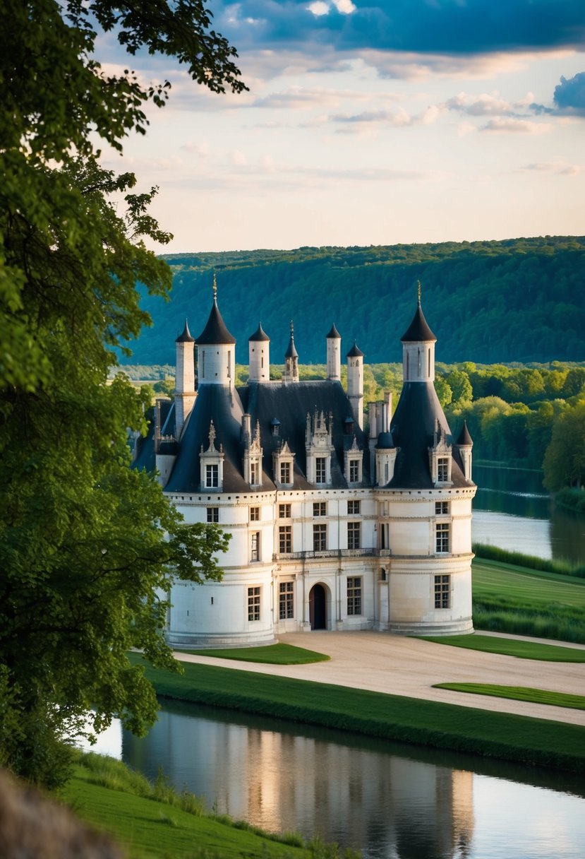 A picturesque view of Château de Chambord in the Loire Valley, with its iconic turrets and grand architecture set against a backdrop of lush greenery and a tranquil river