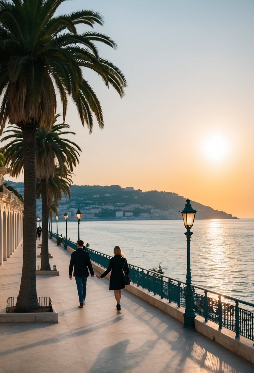 A couple strolls along the palm-lined promenade, overlooking the sparkling waters of the French Riviera. The sun sets behind the distant hills, casting a warm glow over the scene