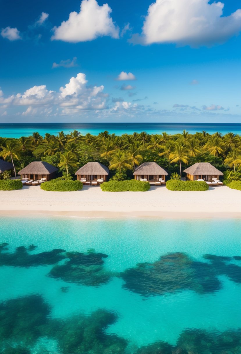 A pristine beach with crystal clear waters and lush greenery, surrounded by overwater bungalows and palm trees on a sunny day in Fiji