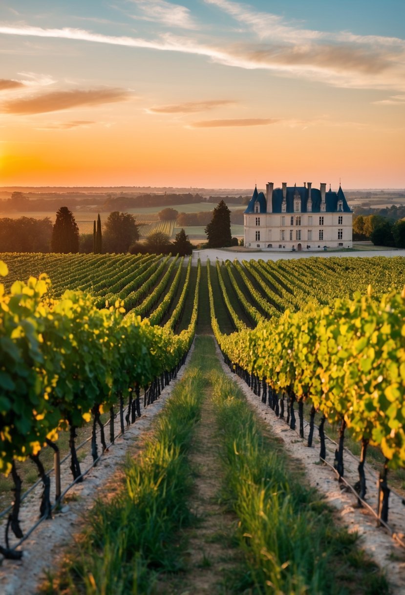 A vineyard in Bordeaux, France, with rows of lush grapevines stretching into the distance, a charming chateau in the background, and a warm, golden sunset casting a romantic glow over the scene