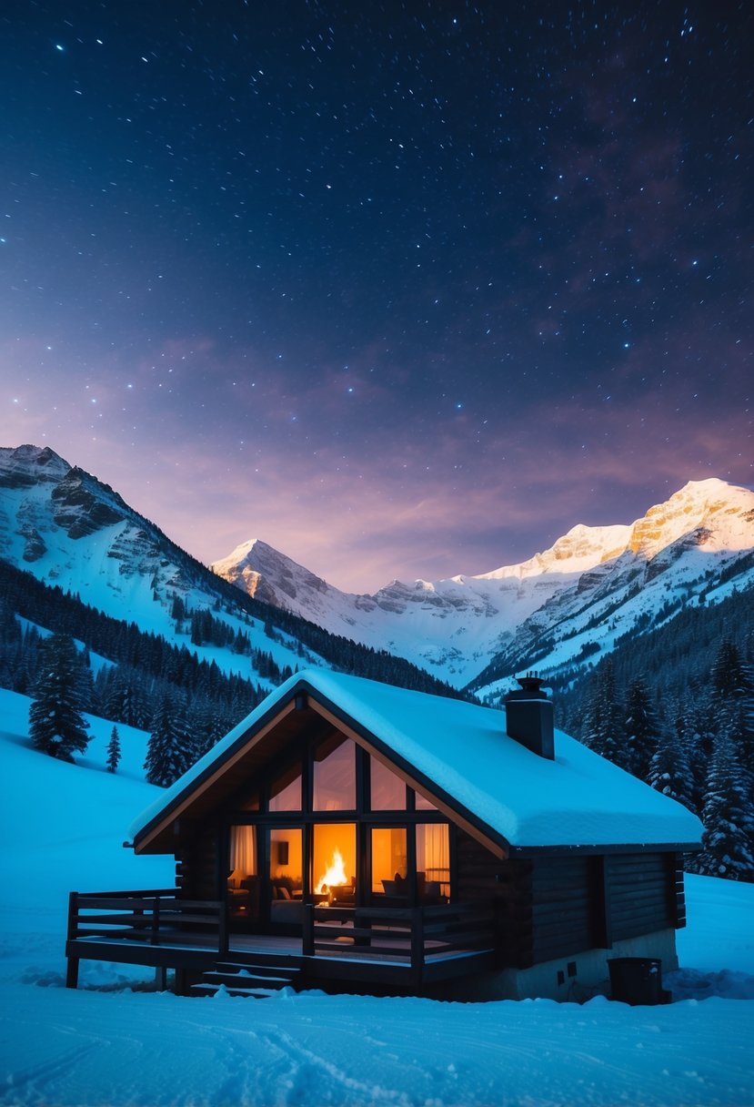A cozy cabin nestled in a snowy mountain landscape, with a warm fire glowing inside and a starry sky above