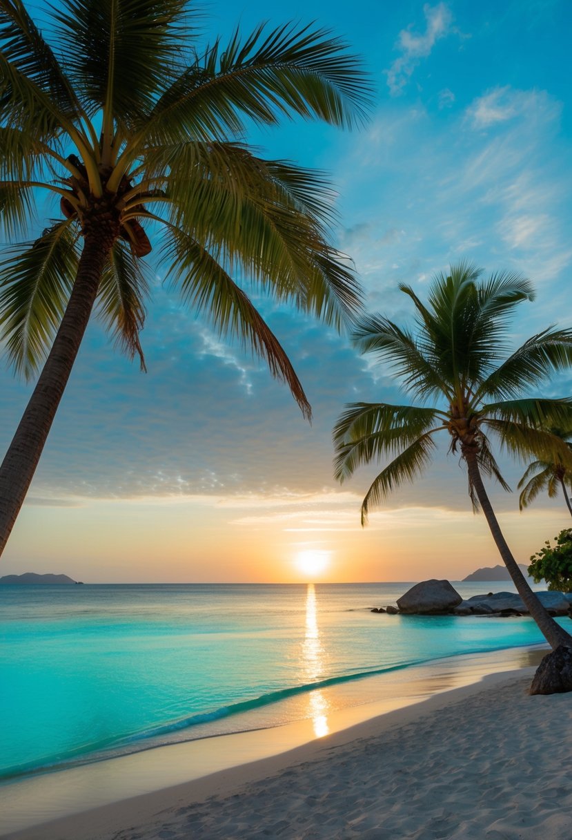 A secluded beach at Yasawa Island Resort & Spa, with crystal clear turquoise waters, palm trees, and a stunning sunset