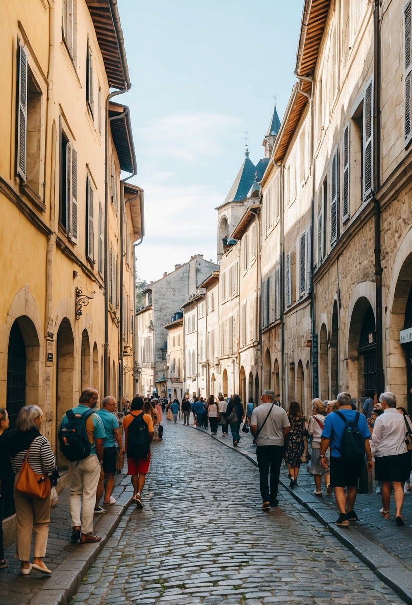 A narrow cobblestone street winds through Lyon's Old Town, flanked by charming medieval buildings and bustling with tourists on a honeymoon walking tour