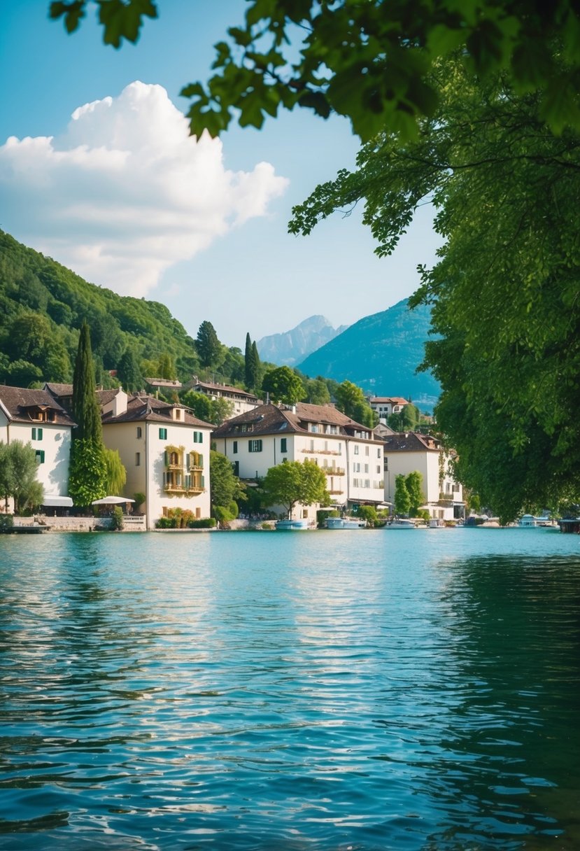 A serene lakeside view of Lake Annecy with charming buildings and lush greenery