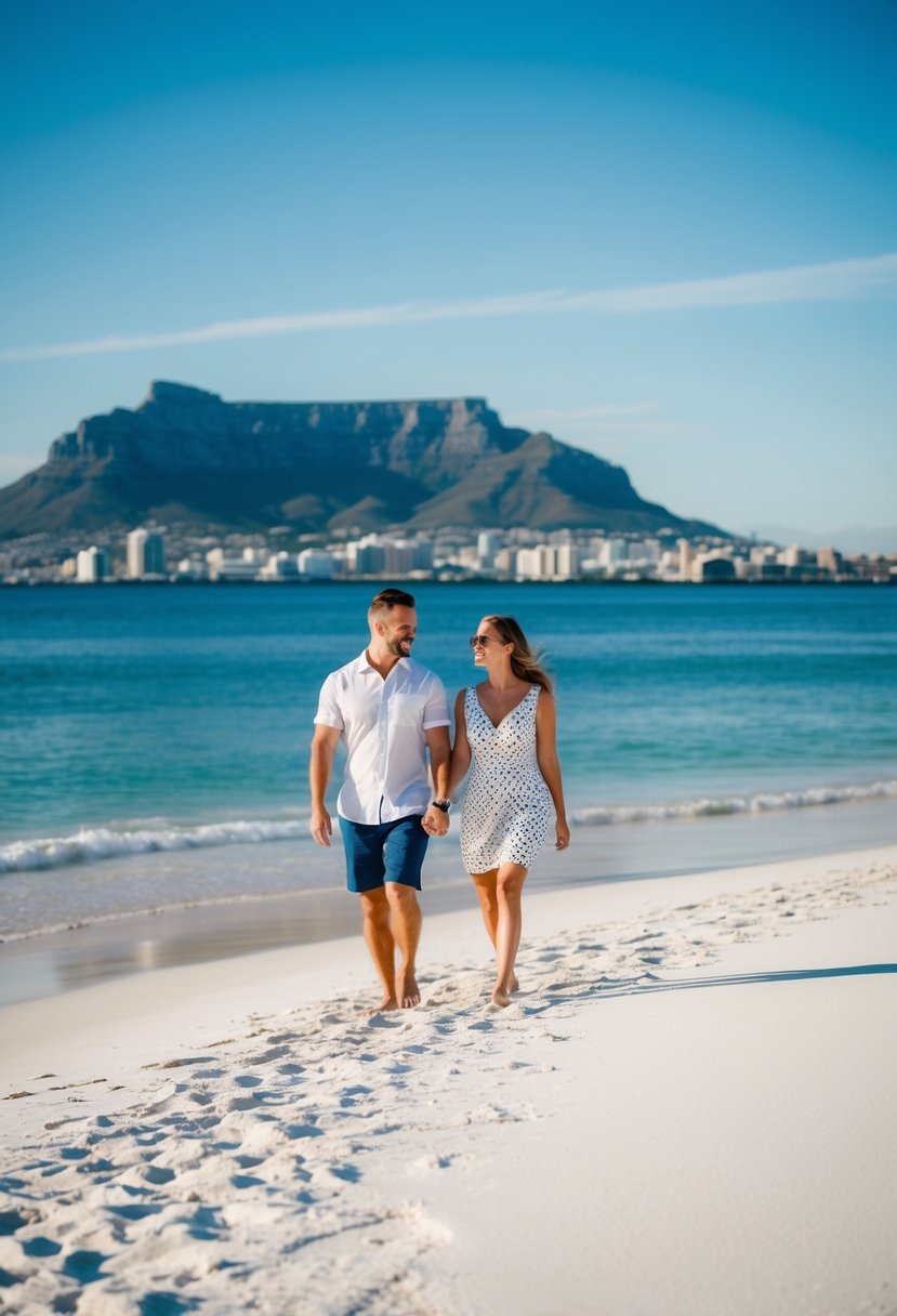 A couple walks along the white sandy beaches of Cape Town, with Table Mountain in the background and the crystal blue waters of the Atlantic Ocean stretching out before them