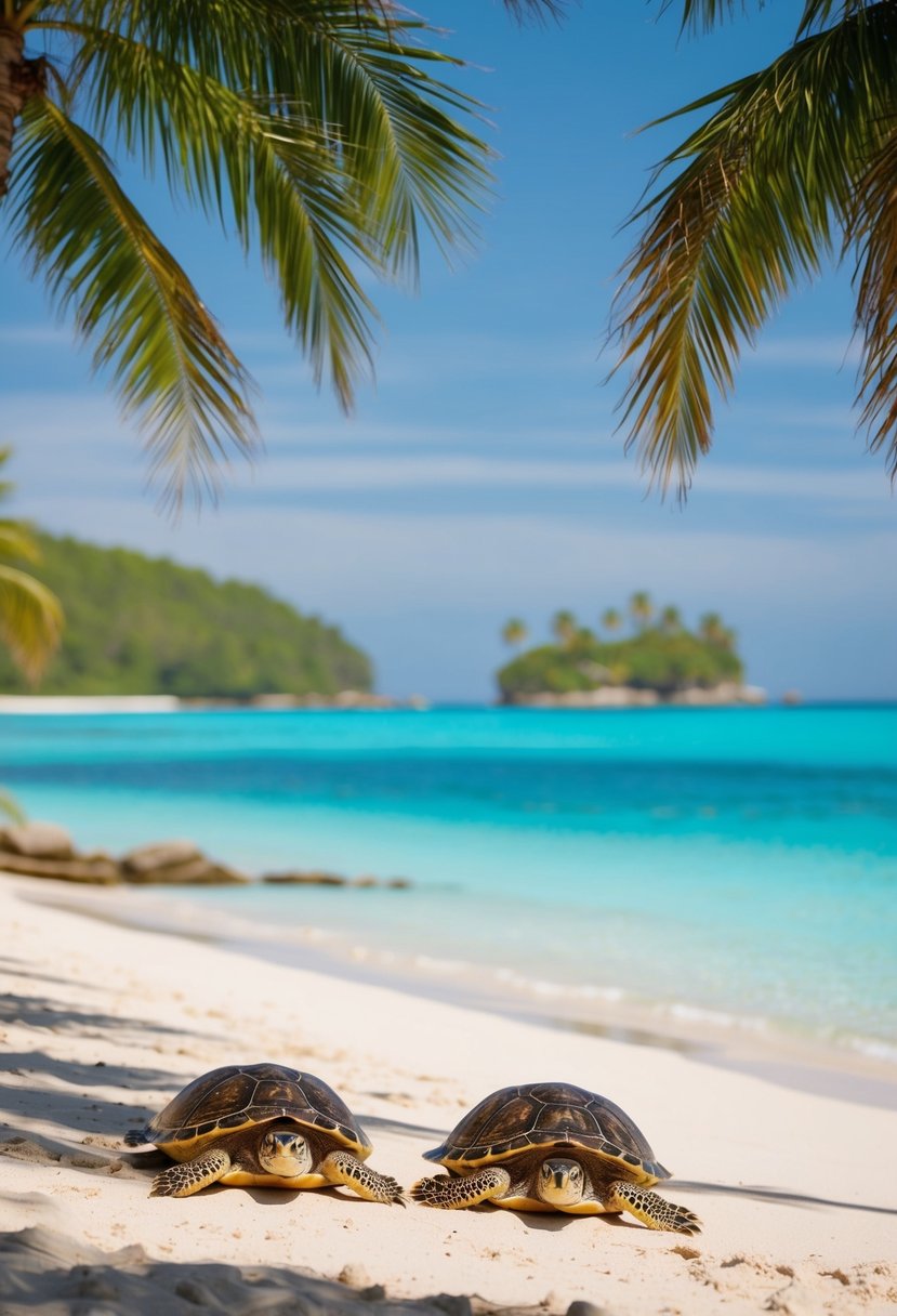 A serene beach with palm trees, crystal-clear waters, and a small island in the distance. A couple of turtles basking in the sun on the sandy shore