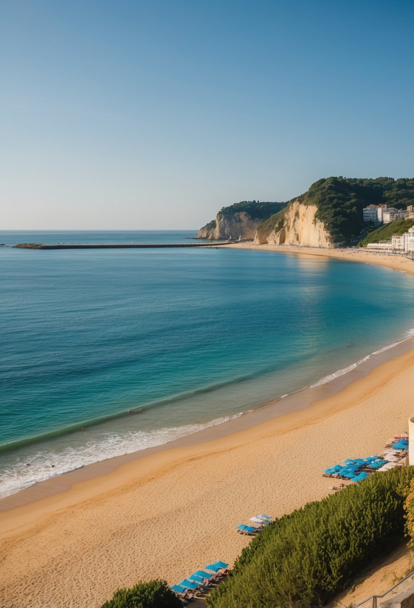 A serene beach scene in Biarritz, France, with golden sand, clear blue waters, and a picturesque coastline with cliffs and lush greenery
