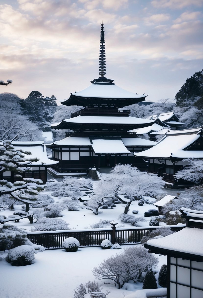 A serene winter landscape in Kyoto, Japan with snow-covered temples and traditional architecture nestled among peaceful gardens