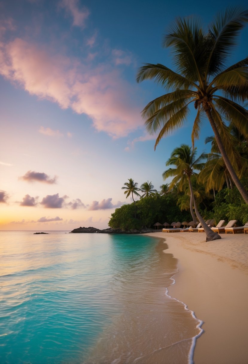 A secluded beach at Namale Resort & Spa, with crystal clear waters, palm trees, and a romantic sunset