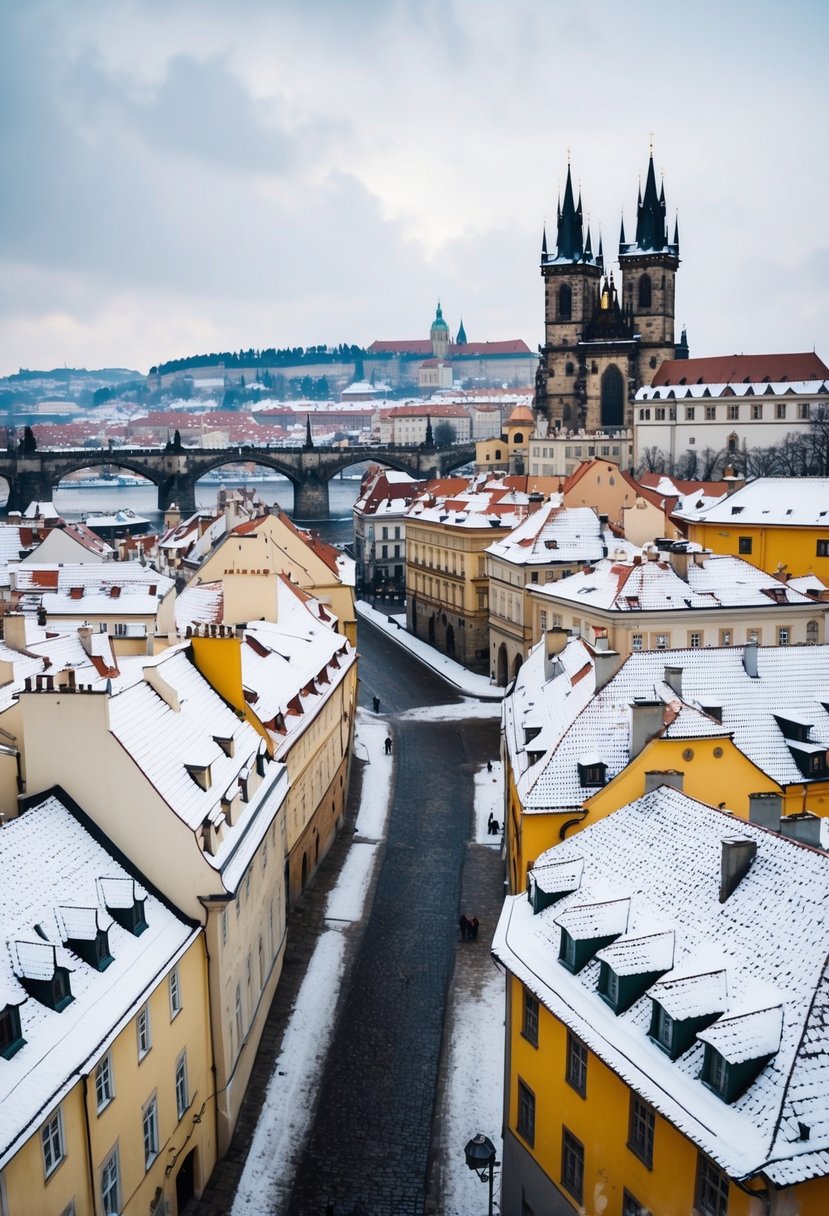 Snow-covered rooftops and cobblestone streets of Prague's Old Town, with the iconic Charles Bridge and Prague Castle in the background