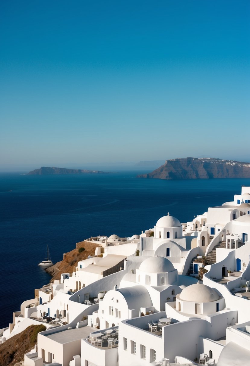 The iconic white buildings of Santorini against a backdrop of deep blue sea and clear skies